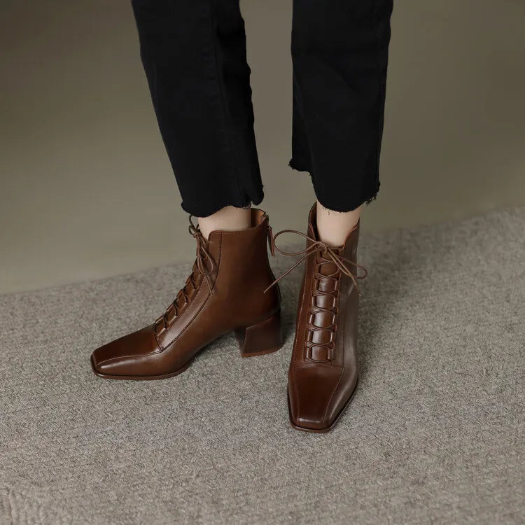 2022 Autumn Women Boots Square Toe Back Zipper Women Shoes Chunky Heels Shoes for Women High Heel Boots Vintage Leather Shoes