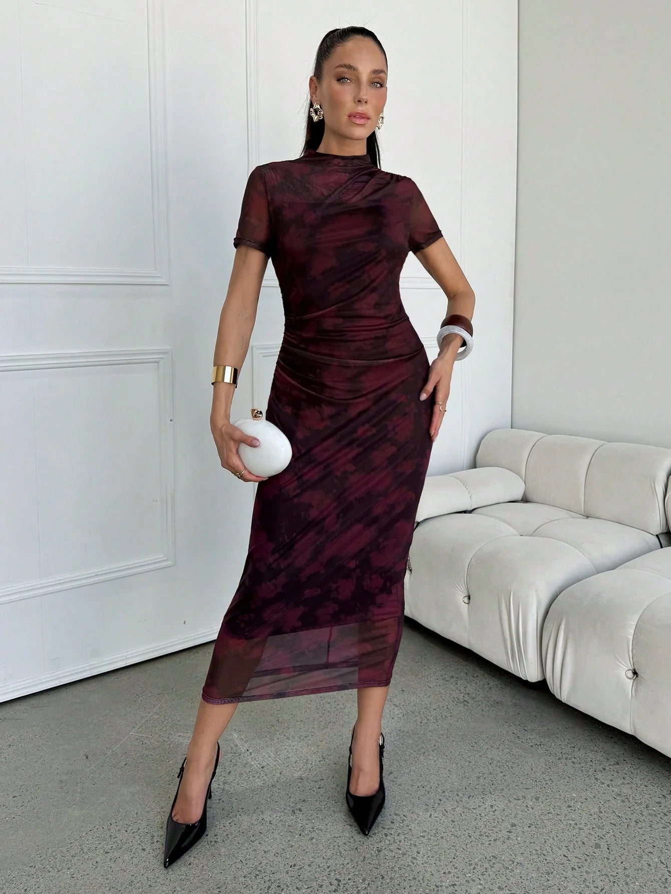 Ladies spring and summer short sleeve long dress fashion abstract digital print tight fashion elegant out of the street party