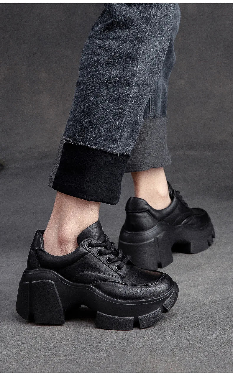 GKTINOO 2026 Women Shoes Handmade Retro 100% Genuine Leather Thick High Heel Chunky Platform Casual Height Increasing Shoes