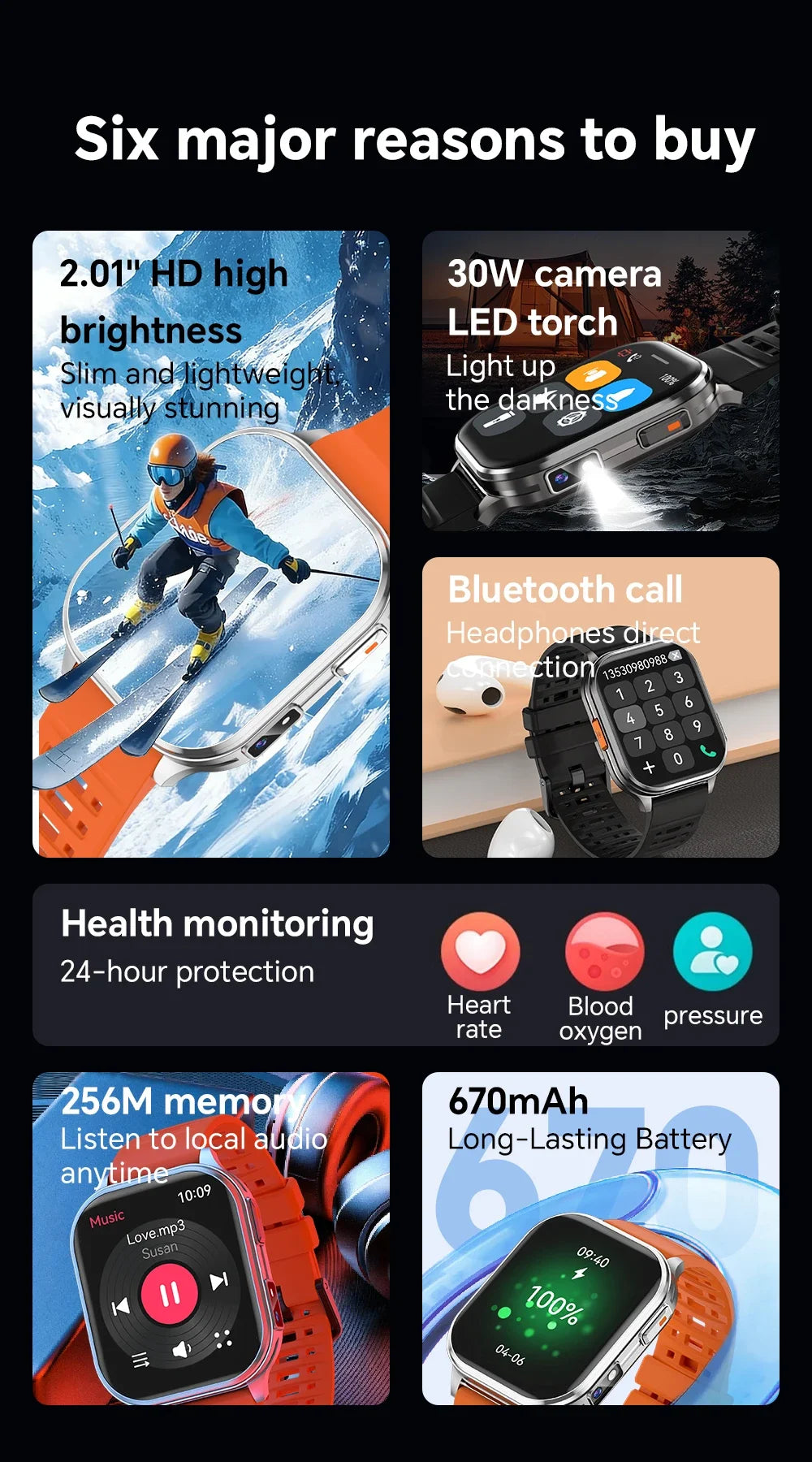 New Smart Watch 2.01" 30W Camera LED Torch 256MB Memory 670mAh Waterproof Health Monitoring 100+ Sports Mode BT Call Smart Watch