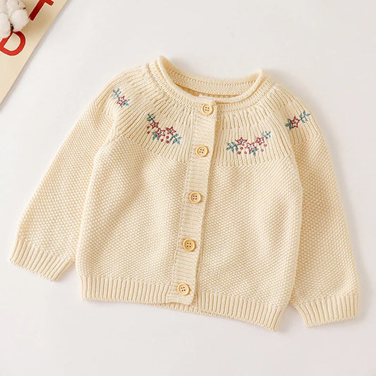 Winter Spring Newborn Baby Girls Knitting Cardigan Coat Long Sleeved Floral Embroidery Toddler Baby Girls Sweater Coat