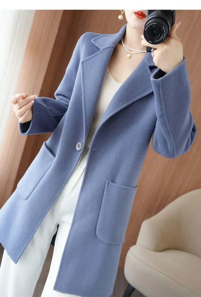 100% Pure Wool Double-Sided Cashmere Jacket Women Overcoat  Autumn Winter New Mid-Length One-Button Slim Wool Windbreakers coat