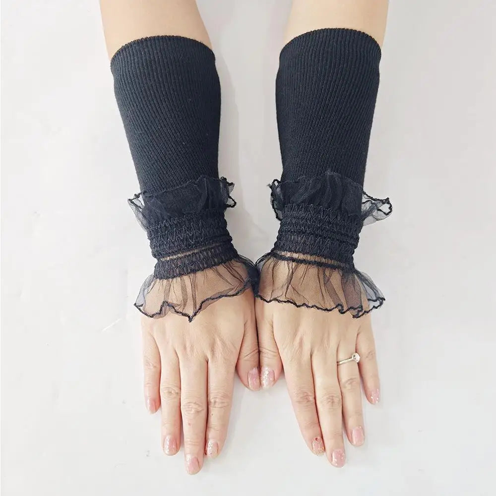 Women Sweater Fake Sleeves Hollow Out Crochet Floral Lace Horn Cuffs Embroidery Ruffles Elastic Wrist Warmers Lolita False Cuffs