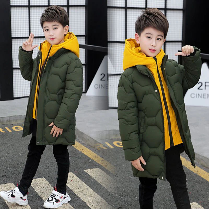 4 6 8 10 12 14 Years Big Boys Jacket Autumn Winter Thicken Warm Teenager Kids Jackets Fashion Long Style Zipper Hooded Boys Coat