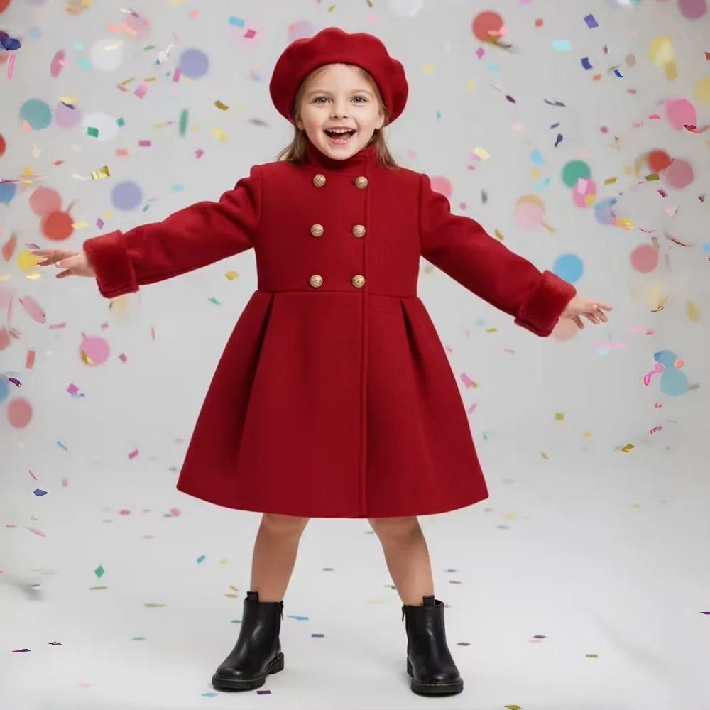 Young Girls' Red Fleece Coat Set And Beret Winter & Fall Jacket & Long Sleeves Warm Outerwear Girls Princess Outfit Clothing