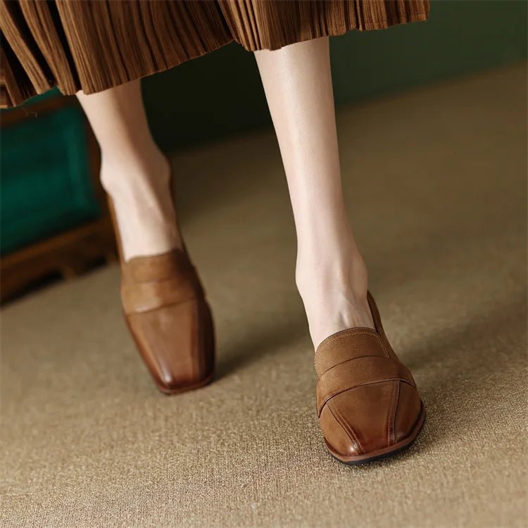 2024 Spring New GENUINE LEATHER Women Shoes LEISURE Women Slip-On Shallow Pumps Square Toe Heels Shoes Women Zapatos De Mujer