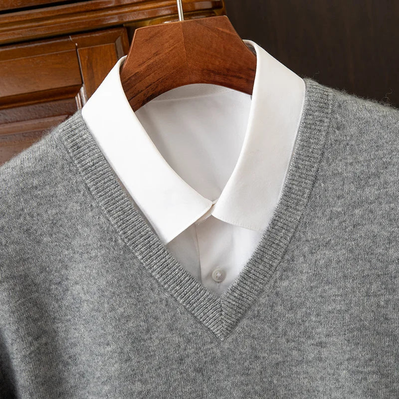 100% Cashmere Men's Pullover Casual Solid Color Knitted Sweater Loose Pull V-Neck Tops Basic Versatile Jumper