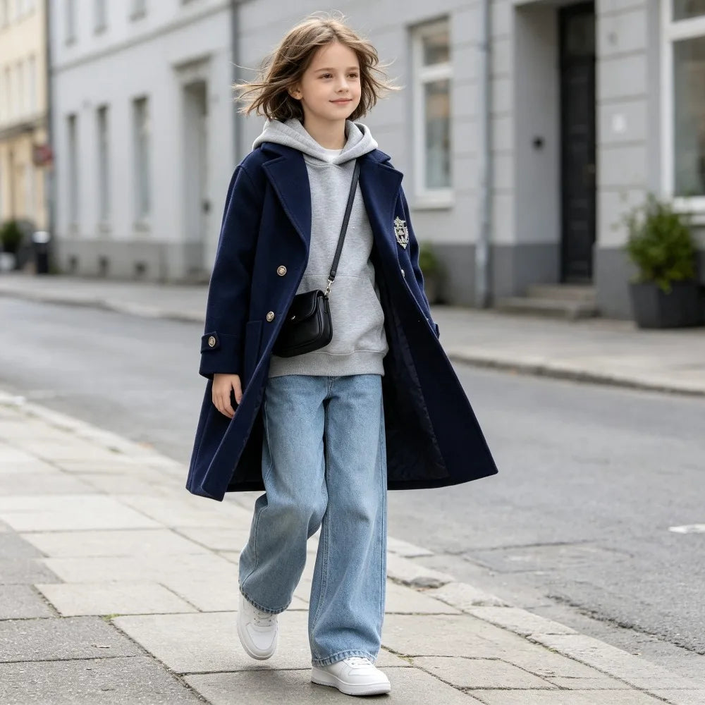 Teens Girls Winter Jacket Preppy Style Navy Mid-length Wool Coat for Kids Thick Warm Casual All-match School Children Outerwear
