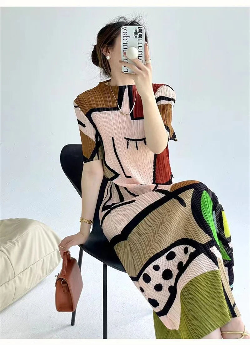 Long Dresses Womens Dresses Spring and Summer new Cartoon Printing Short Sleeve Temperament Fashion Loose Long Dress Female