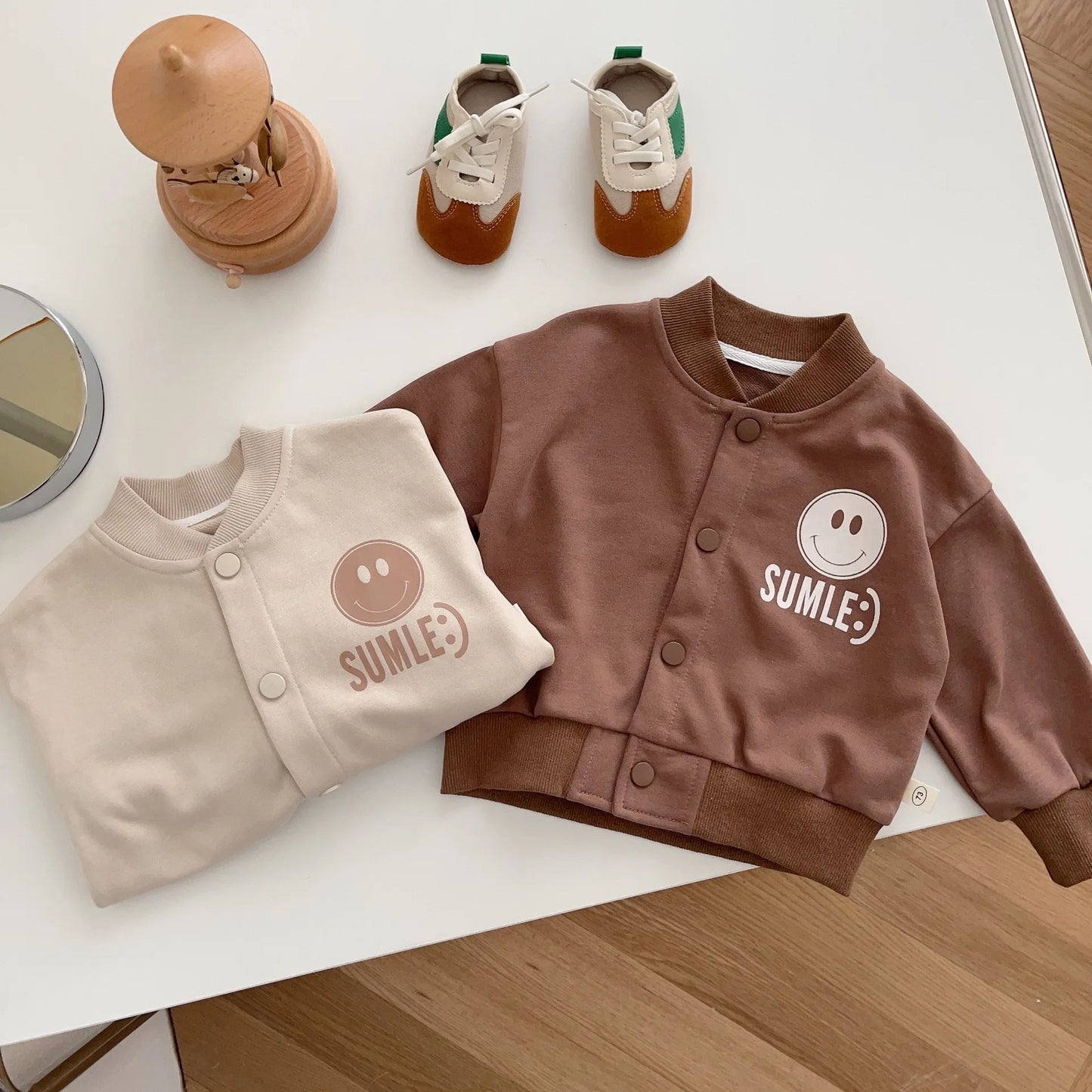 Autumn New Kids Baby Boys Single-breasted Smile Face Print Top Coat Cool Baseball-inspired Uniform Fashionable Toddler 0-5Y