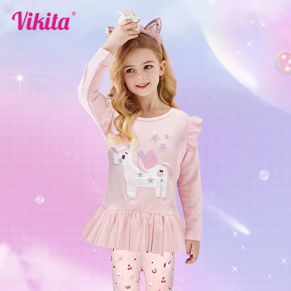 VIKITA Girls T Shirts Spring  Autumn Winter Long Sleeve Toddler Girls Tops for Daily Casual Wearing for 2-8 Years Kids Cute Girl