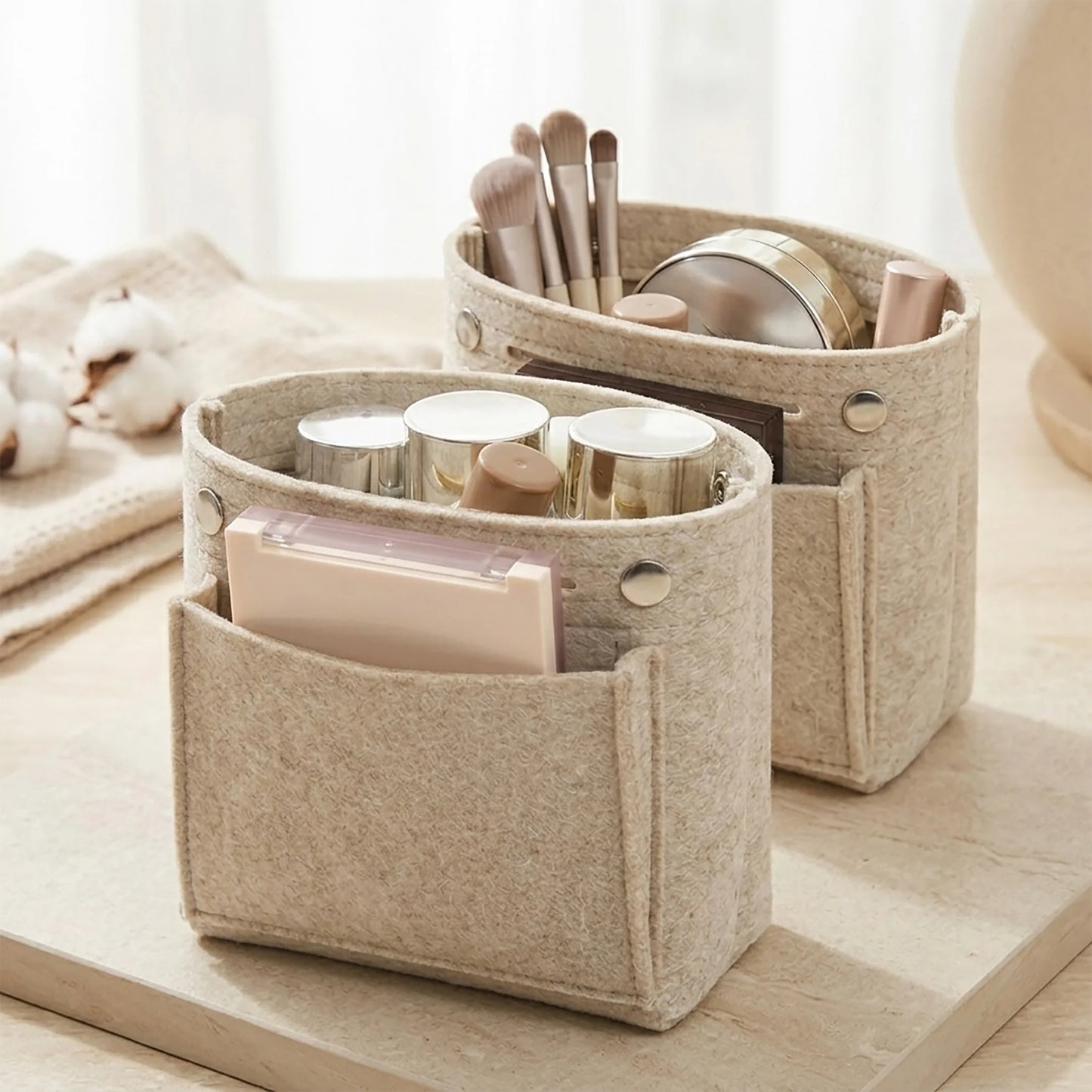 Mini Slim Felt Purse Organizer Insert with Snap Closure, Makeup Bag In Bag Shaper with Multi-Pockets for Handbag & Tote