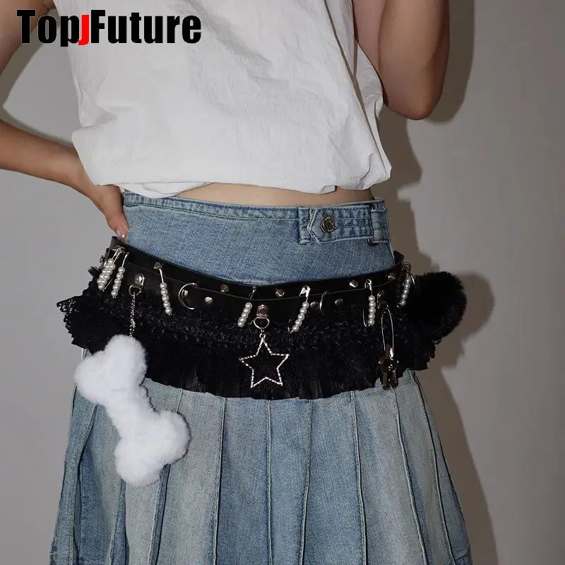 Women HAND MAKE Gothic Lolita Punk Harajuku full of pendants belt princess Y2K girl Millennium Spicy Girl heart star bow belt