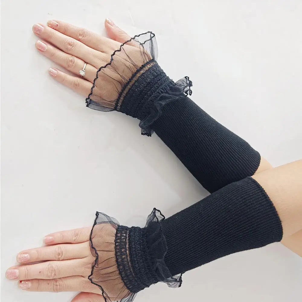 Women Sweater Fake Sleeves Hollow Out Crochet Floral Lace Horn Cuffs Embroidery Ruffles Elastic Wrist Warmers Lolita False Cuffs