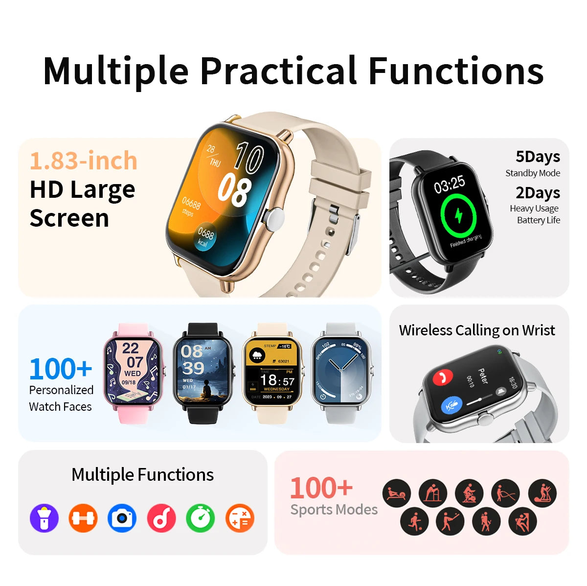2026 New Smart Watch 1.83 HD Screen Multi-color Watch Strap Bluetooth Call Outdoor Sport Watch For Android/IOS Men Women