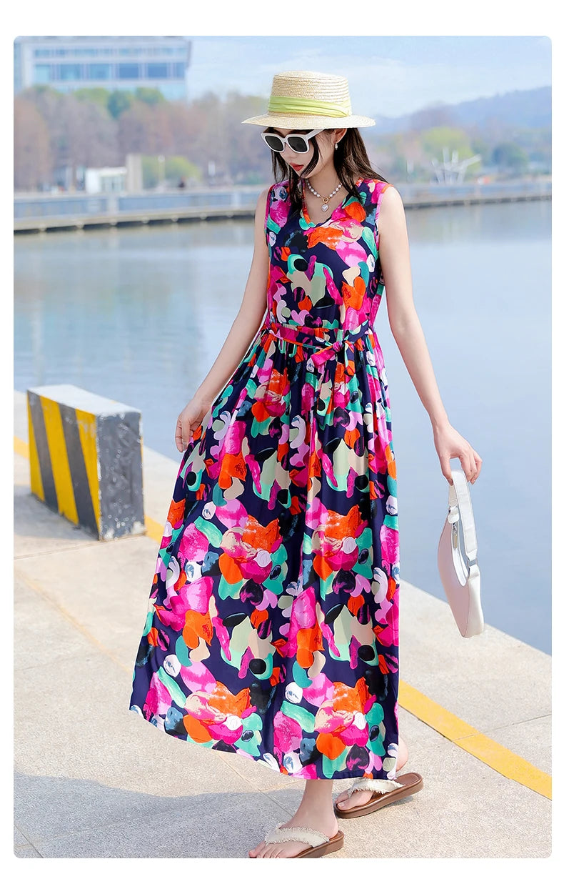Spring Summer Dresses Fashion Female Sleeveless printed Casual Dress Women A-line Dresses Vestidos