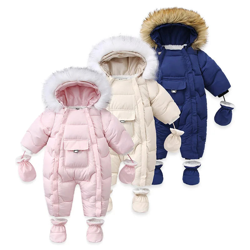 AYNIGIELL 2023 Winter Newborn Thickening Jumpsuit Built-in Wool Hooded Down Romper Baby Boys and Girls Warm Snowproof Overalls