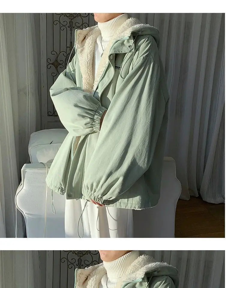 Lamb wool Jacket Women's 2025 Autumn winter New Korean version Loose Workwear Student cotton Jackets Female Hooded Warm Coat