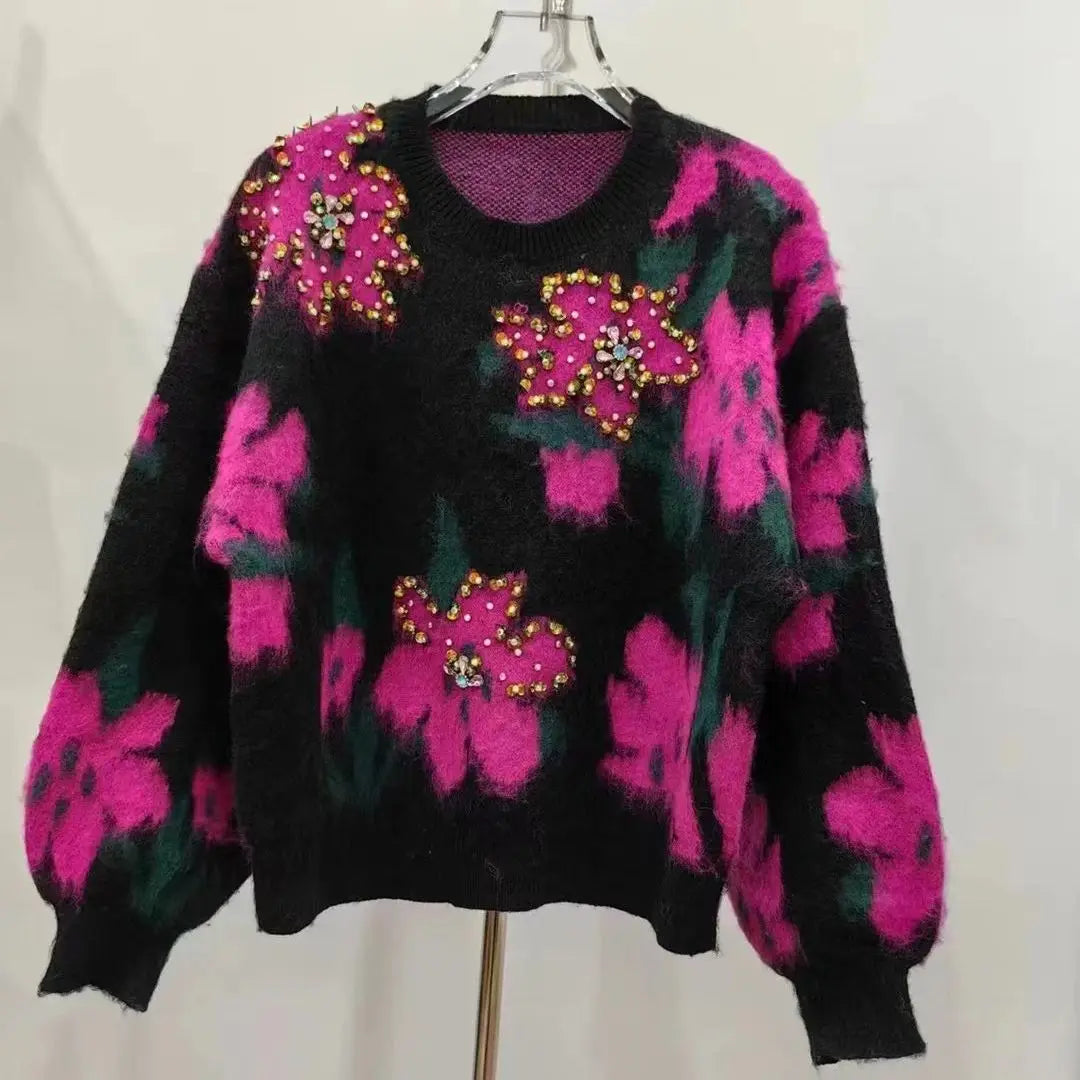 Vintage Diamond Flowers Jacquard Knit Pullover Autumn Winter Thick Women Sweater Cashmere Soft Loose Mohair Knitwear Warm X411