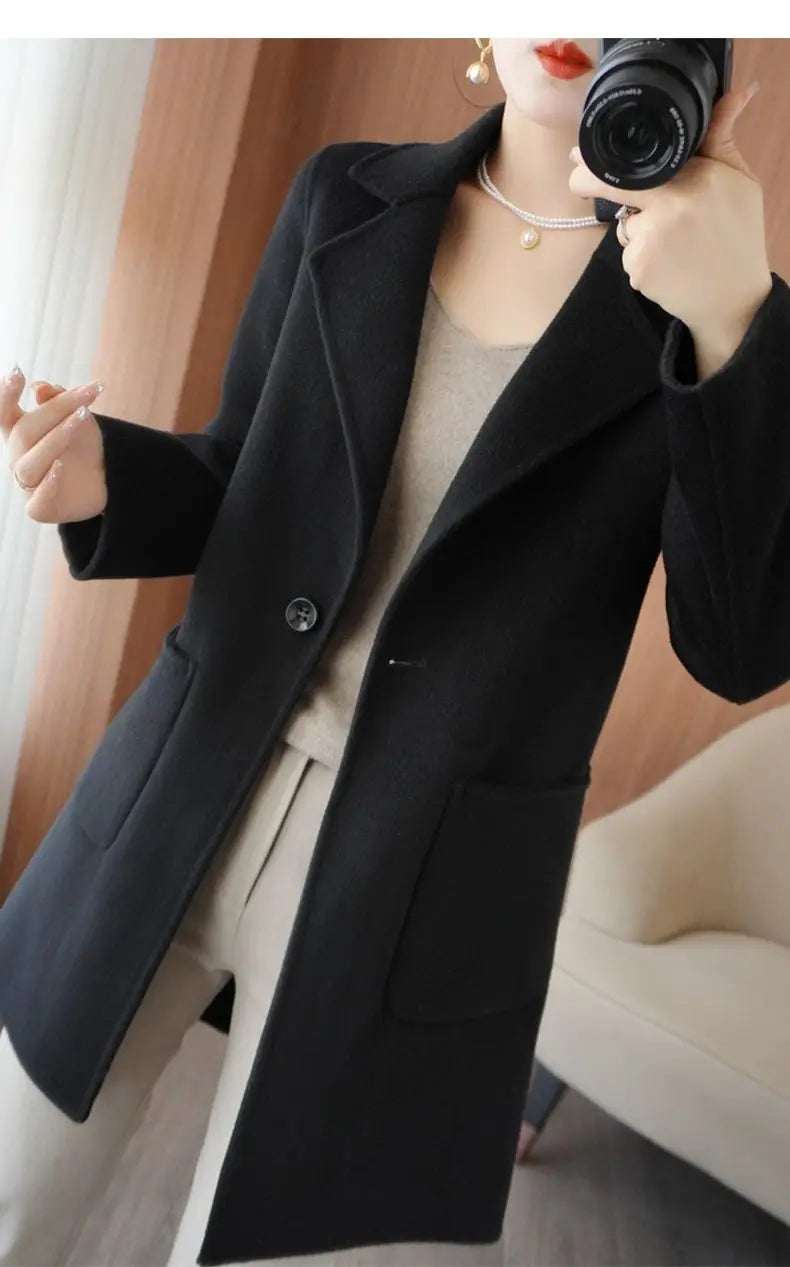 100% Pure Wool Double-Sided Cashmere Jacket Women Overcoat  Autumn Winter New Mid-Length One-Button Slim Wool Windbreakers coat