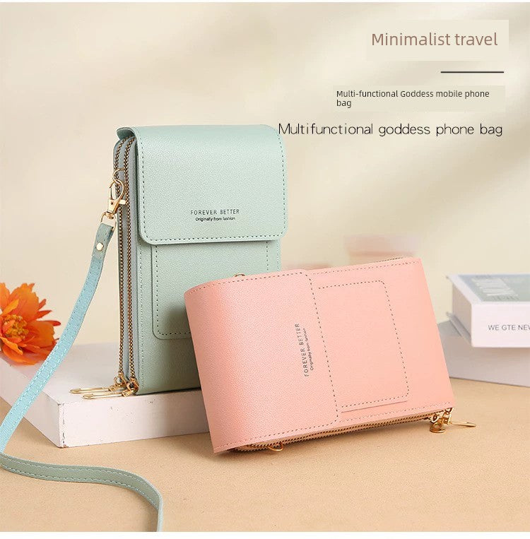 Internet Celebrity Transparent Touch Screen Mobile Phone Bag Double Zipper Multi-Card Position Simple Crossbody Bag Multi-Functional Vertical Coin Pocket