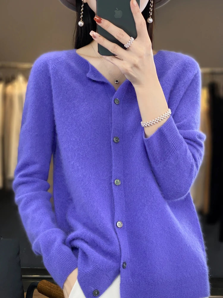 Women Cashmere Sweater 100% Merino Wool Knitted Cardigan Autumn Winter  Knitwear O-Neck Female  Solid Color Casual Fashion Top