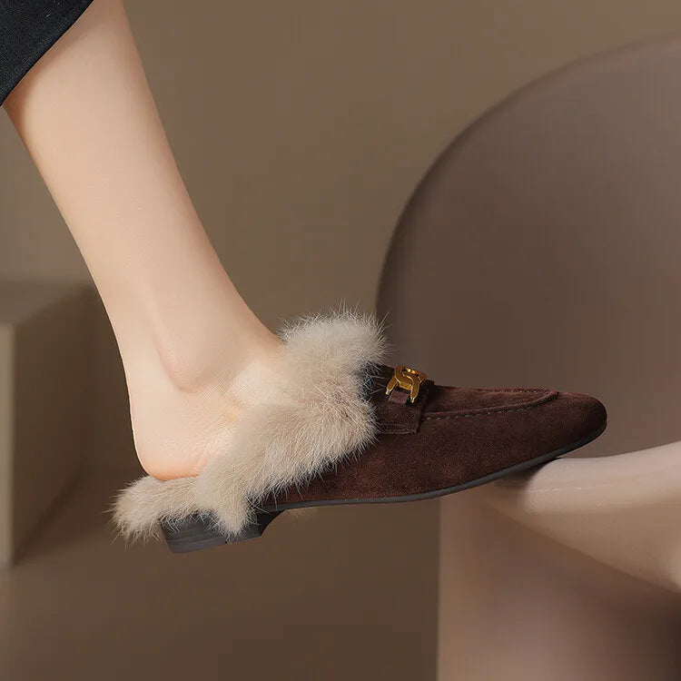 2023 Winter Sheep Suede Women Shoes Rabbit Hair Mules Shoes for Women Round Toe Low Heel Slippers Chunky Heel Cover Toe Slippers