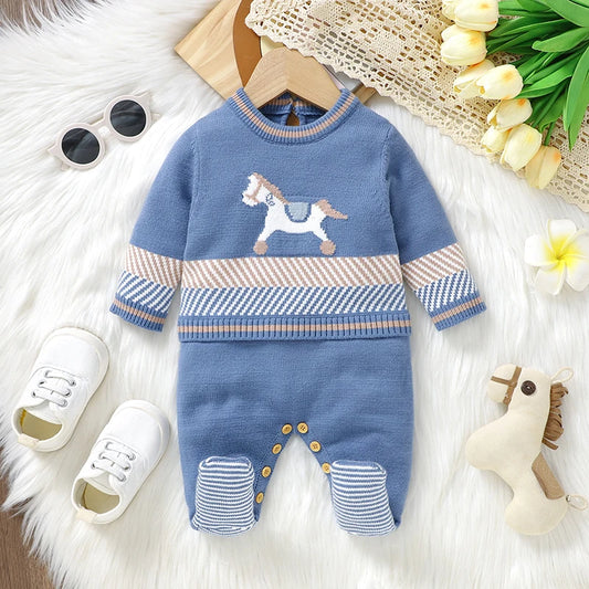 Newborn Baby Rompers Knitted Infant Boys Girls Jumpsuit Long Sleeve Autumn Toddler Clothes 0-9M Fashion Cute Horse Overalls Warm