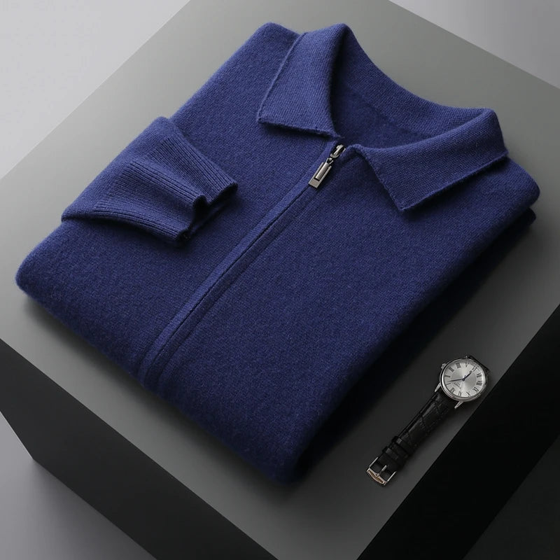 Men's Cardigan 100% Pure Cashmere Jacket Zippered Lapel Knit Sweater, Loose Thickened Long Sleeved Business Casual Autumn Winter