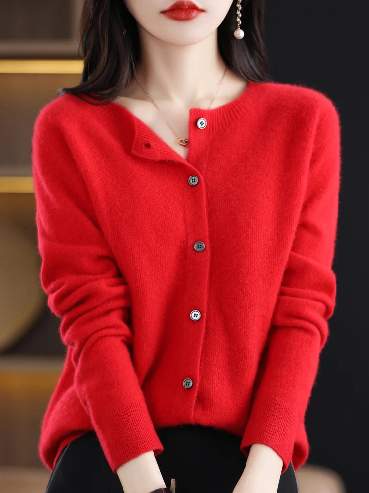 Women Cashmere Sweater 100% Merino Wool Knitted Cardigan Autumn Winter  Knitwear O-Neck Female  Solid Color Casual Fashion Top