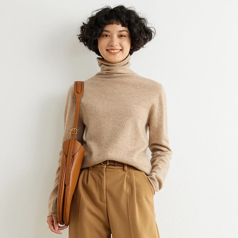 Women's 100% Cashmere Sweater Casual Solid Color Knitted Pullover Loose High Neck Jumper Autumn/Winter Warm Blouse Tops