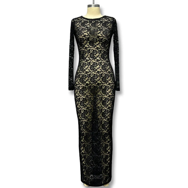 New Spring and Summer Fashion Crew Neck Women's Lace Long Sleeve Dress Elegant Sheer Sexy Slim-fitting Casual Women's Long Dress