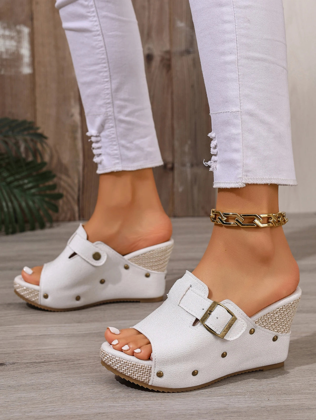Summer Women's Espadrille Wedge Mules Black White Adjustable Buckle Open Toe Platform Sandals Rivet Decor Casual Slip-On Shoes