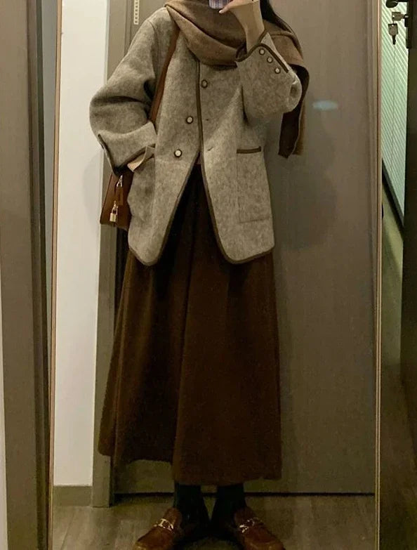 Wool Blend Coat for Women Short Plain Half Long Sleeve Elegant Mixtures Jacket Woman Fashion 2025 Winter Clothes Single Cheap
