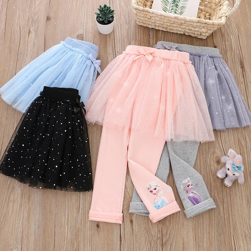 New Girls Skirt Pants For Children Disney Frozen Anna Elsa Princess Skirts Baby Girl Pink Blue Trouser Lace Kids Legging 2-8Y