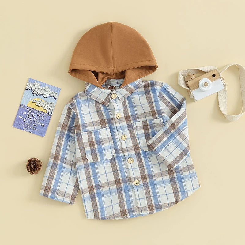 Toddler Baby Hooded Plaid Shirts Long Sleeve Button Down Pocket Tops Jackets Fall Outfits