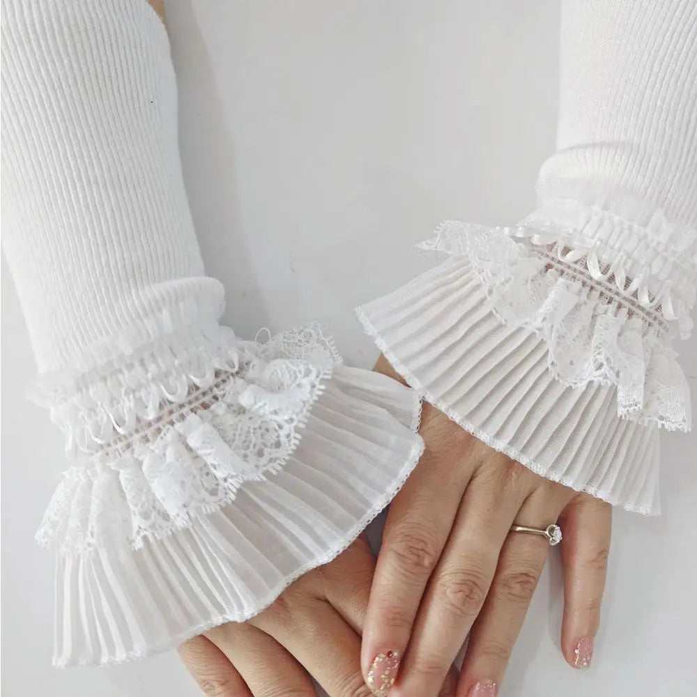 Women Sweater Fake Sleeves Hollow Out Crochet Floral Lace Horn Cuffs Embroidery Ruffles Elastic Wrist Warmers Lolita False Cuffs