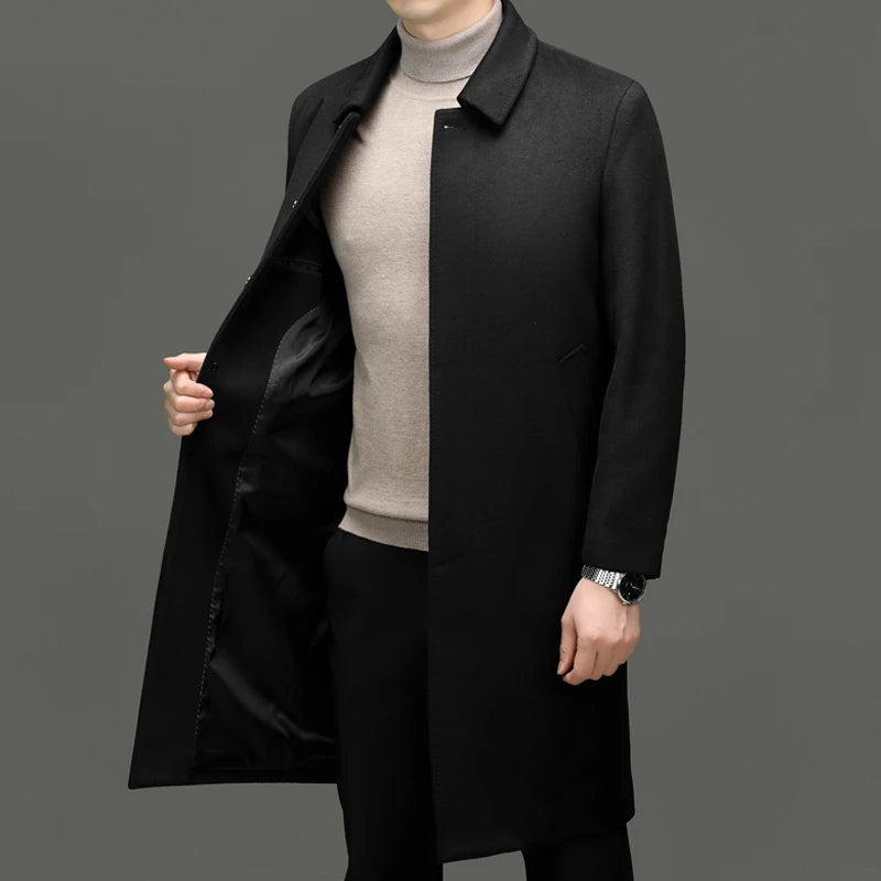 Men's High-End and Fashionable Cashmere Coats for Autumn and Winter, Mid-Length Lapel Jackets, Wool and Woolen Fabrics