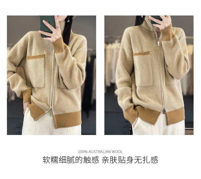100% Merino Wool Women Sweater Casual Turtleneck Fancy Yard Cardigan Female Knitwear Long Sleeve Cashmere Overcoat Clothing Tops