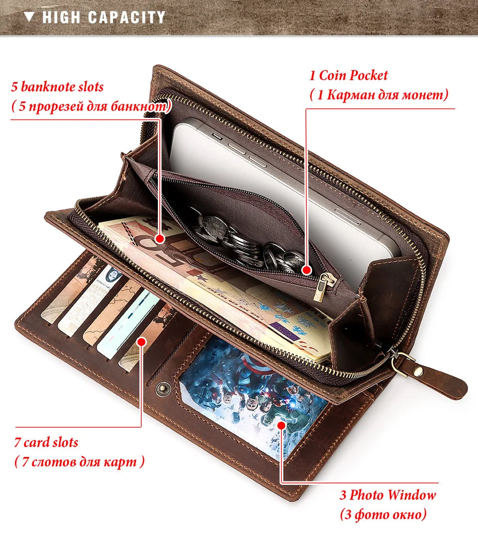HUMERPAUL Full Grain Leather Wallet for Men Long Clutch with Cell Phone Pocket Multifunctional RFID Credit Card Holder Handbags