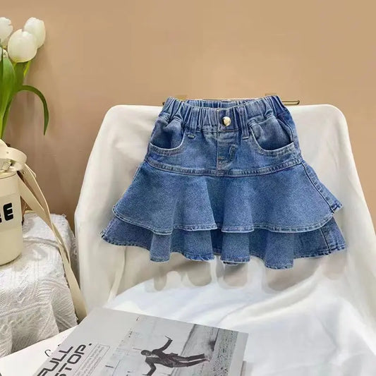 Kids Girls' Denim Short Skirt Children's Fashion Ruffled Half Skirt Children's Denim Skirt