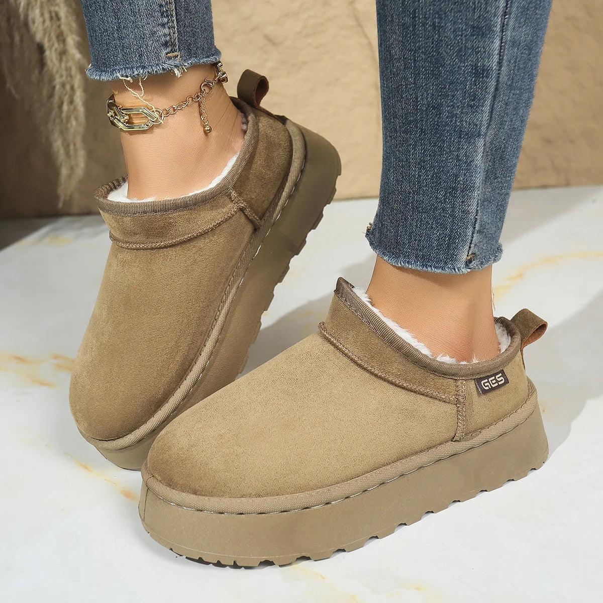 Snow Boots for Women 2026 Winter New Cashmere Warm Thick Soles Without Heel-covered Hair Half Slipper Cotton Shoes for Women