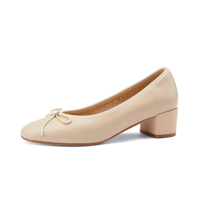 2025 Genuine Leather Women Shoes Fashion Butterfly-knot Spring and Autumn Pumps Slip-On Casual Shoes Chunky Heel Size 34-40