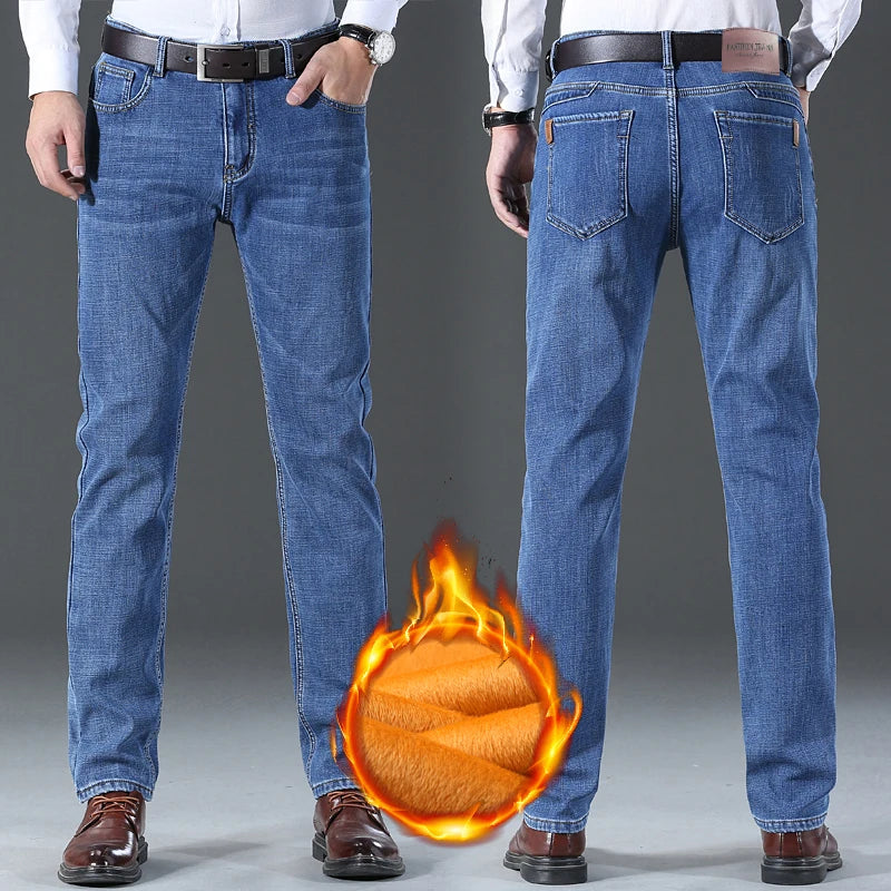 Brand Men Jean Warm Autumn Winter Loose Straight Jeans Male Casual Fleece Lined Thickened Denim Pant Elastic Waist High Trousers