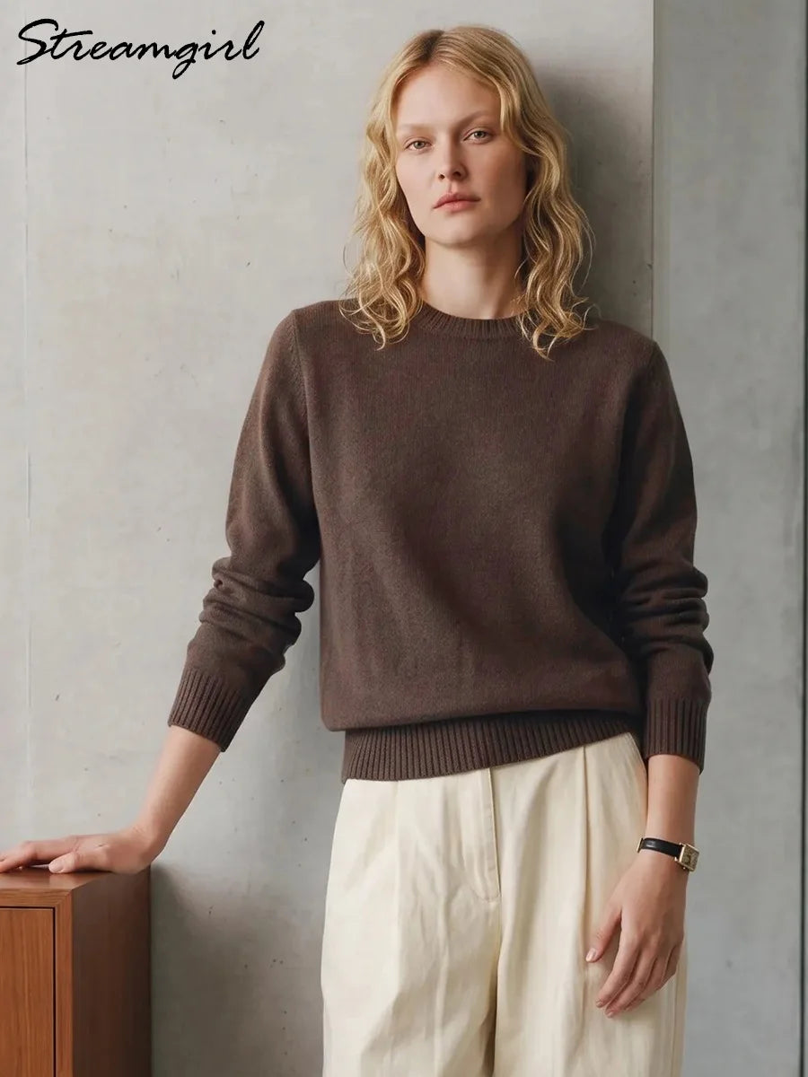 Women Cashmere Sweaters Burgundy O Neck Warm Knitted Brown Pullover Jumper Autumn Winter Wool Sweater Woman Purple Knit Top