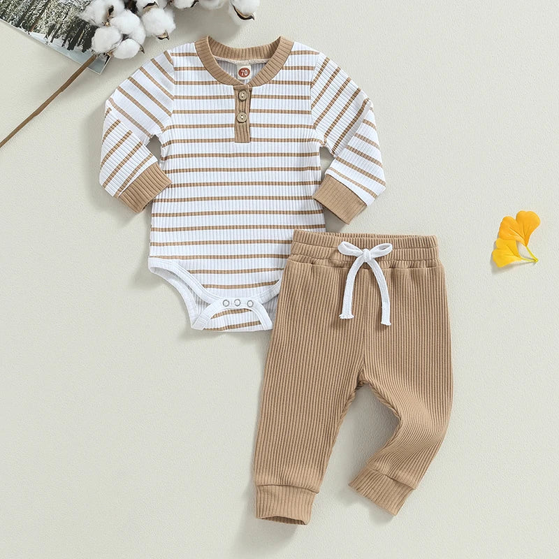 Newborn Baby Boys Girl Fall Winter Clothes Ribbed Knitted Long Sleeve Romper Solid Long Pants Cotton Infant Outfits