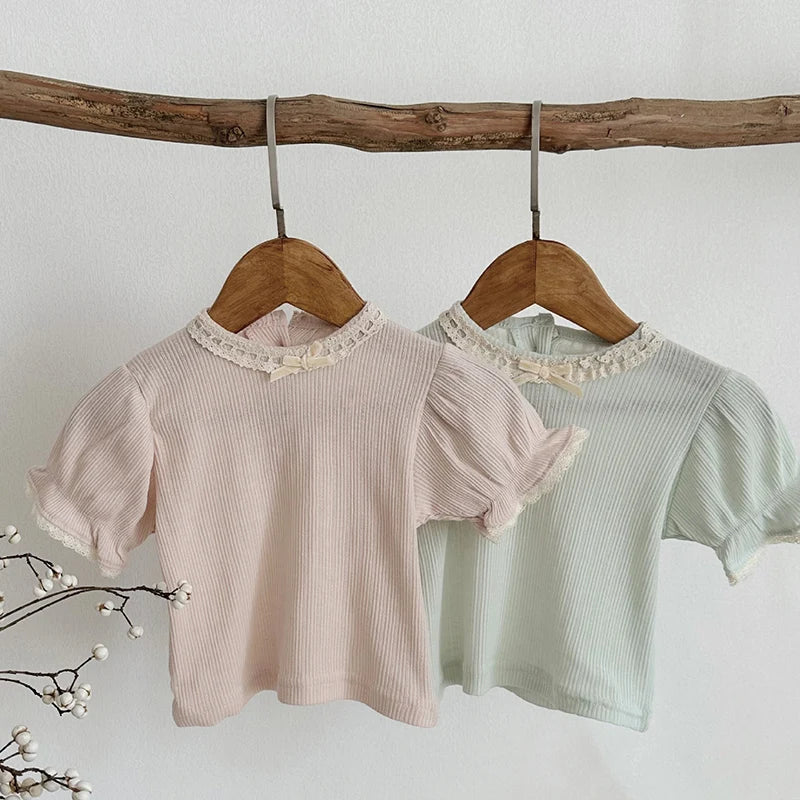 2024 New Summer 0-24M Children Clothes Newborn Baby Girl T-shirt Short Sleeved Cotton Lace Splicing Toddler Baby Girls Pullover