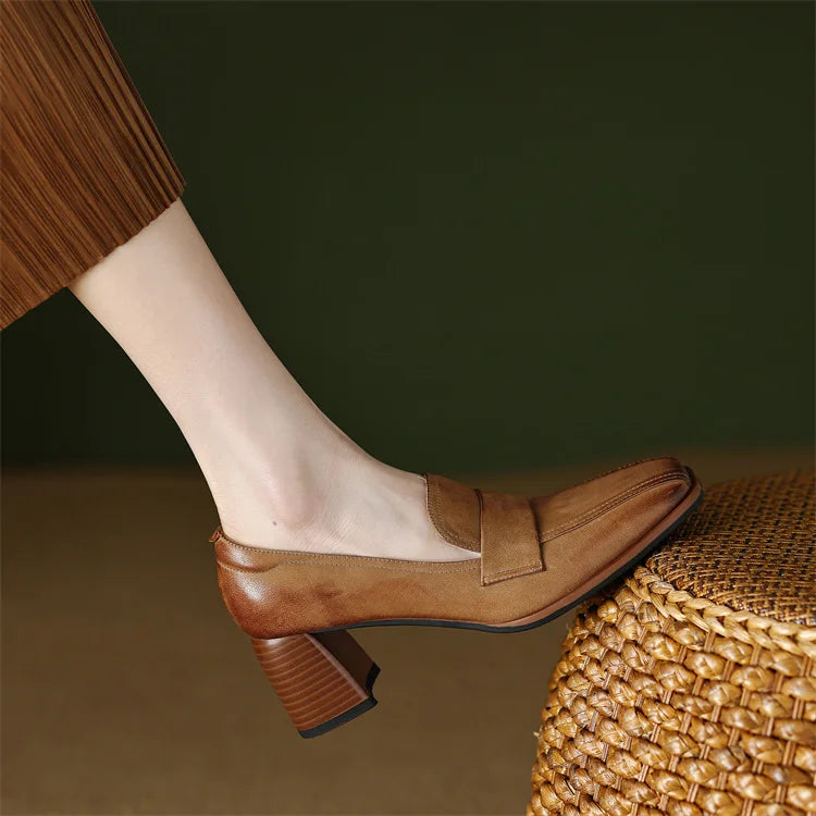 2024 Spring New GENUINE LEATHER Women Shoes LEISURE Women Slip-On Shallow Pumps Square Toe Heels Shoes Women Zapatos De Mujer