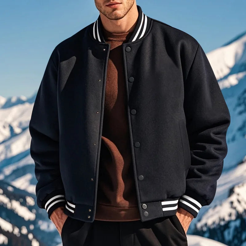 Men's baseball jacket autumn and winter fleece American solid color loose casual stand-up collar single-breasted flight jacket