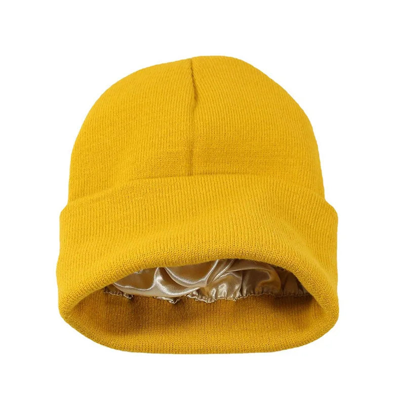 Men Women Satin Lined Knit Beanie Hat Acrylic Winter Caps Silky Lining Soft Slouchy Warm Cuffed Bonnets Also for Youth Boy Girl